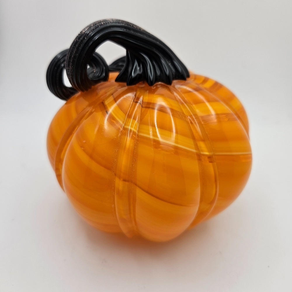 Hand Blown Art Glass‎ Pumpkin Orange Swirl Fall Harvest Halloween Decor